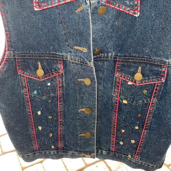 Cejon Jeans Jacket sz M Sleeveless Embellished Denim Vest Red Stitching EUC cute - Picture 12 of 17